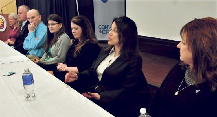 Panelists speak during a community forum and panel discussion about sexual violence issues in area communities Monday at Thomas College in Waterville. Kennebec and Somerset County District Attorney Maeghan Maloney, second from right, speaks while seated with panelists, from left, Kathleen Paradis, Kennebec County Sheriff Ryan Reardon, Bill Bonney, Jackie Dupont, Jenna McCarthy Mayhew and Cheryl Williams.
