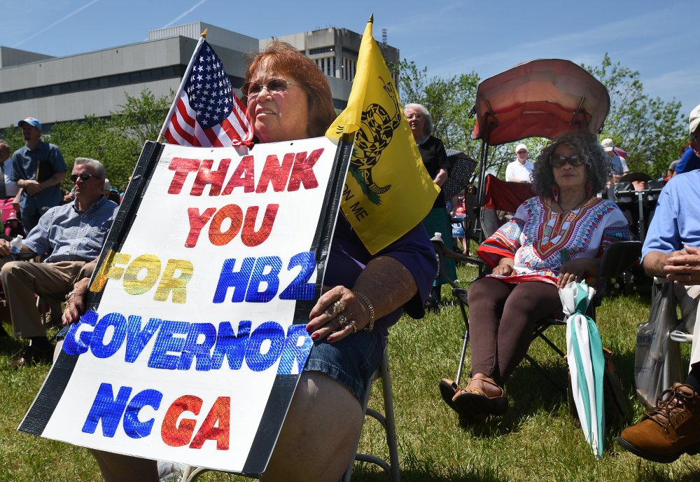 Lee Churchill of Raleigh, shows her support of  House Bill 2 in Raleigh on Monday.