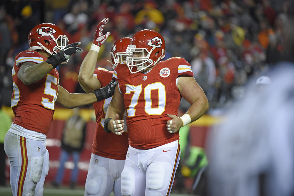 Kansas City Chiefs defensive end Mike DeVito (70) celebrates after sacking Oakland Raiders quarterback Derek Carr during a Jan. 3, 2016, game in Kansas City, Mo. The Associated Press