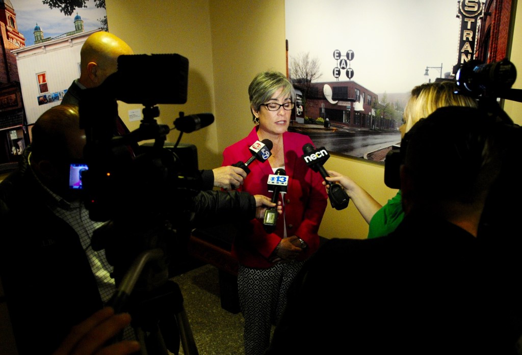 Sen. Cathy Breen, D-Falmouth, lead senate sponsor of narcan bill, speaks with press before start of the veto day session Friday morning at the State House in Augusta. (Staff photo by Joe Phelan).
