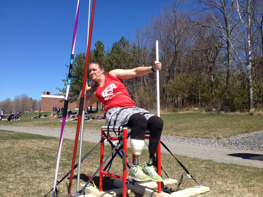 Christy Gardner prepares to throw the shot Saturday at Maine Central Institute in Pittsfield.