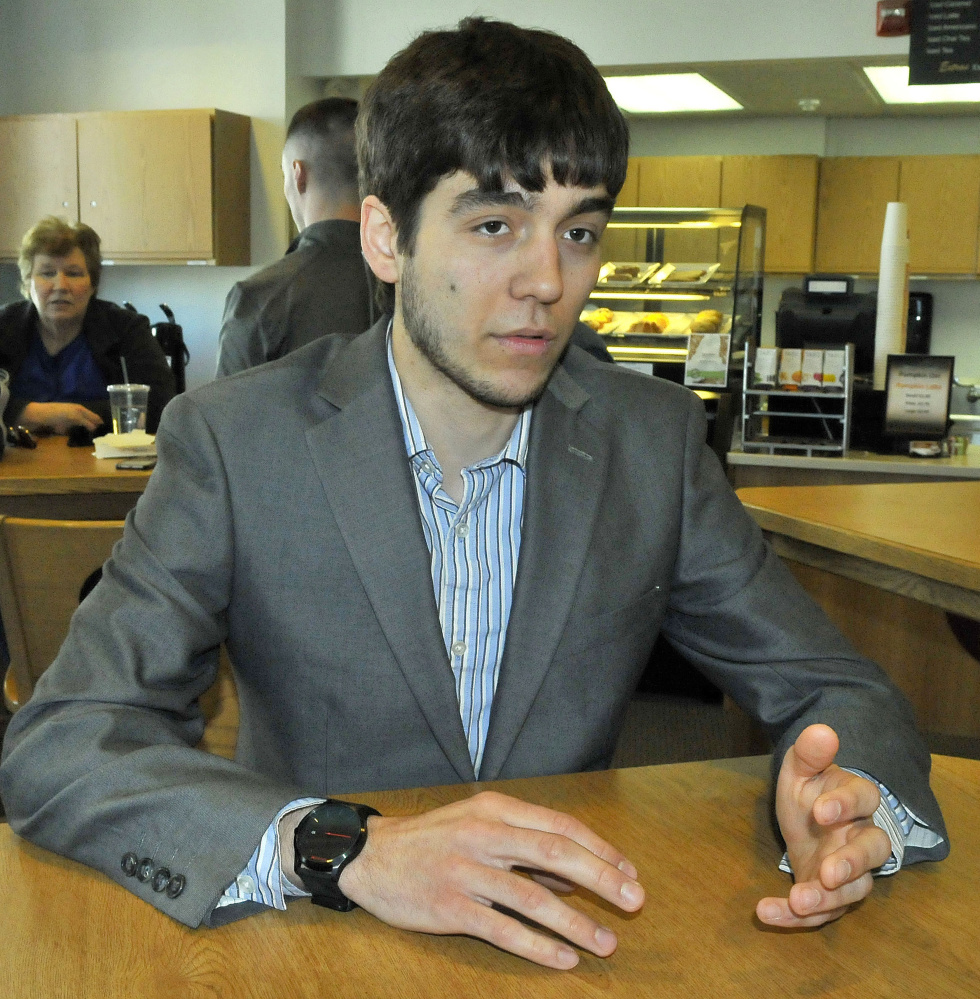 University of Maine in Farmington student Travis Bent, of Norridgewock, speaks on Wednesday at the UMF campus about his plan to teach in Spain for a year.