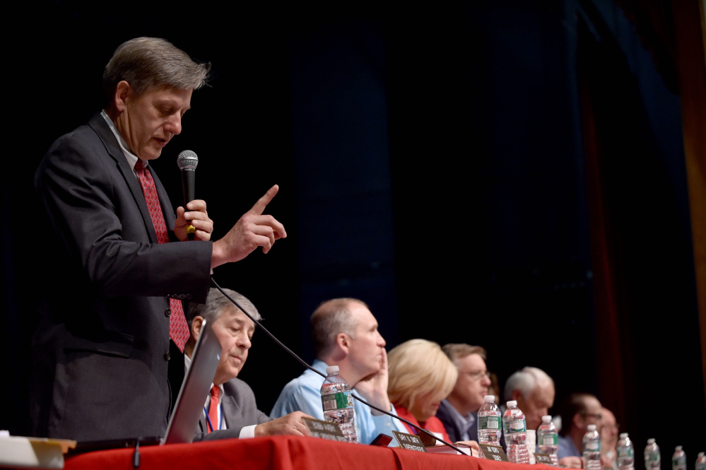 Gary Smith, superintendent of Regional School Unit 18, speaks during a budget meeting at Messalonskee High School on May 12.