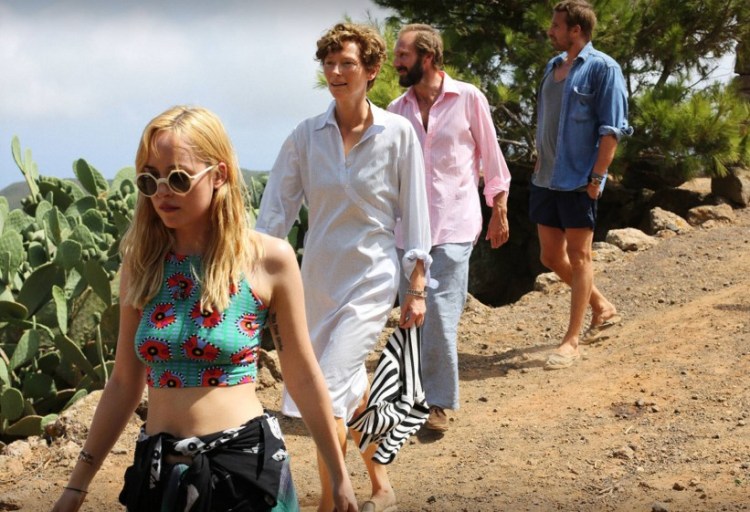 The cast of "A Bigger Splash" from left, Dakota Johnson, Tilda Swinton, Ralph Fiennes and Matthias Schoenaerts.