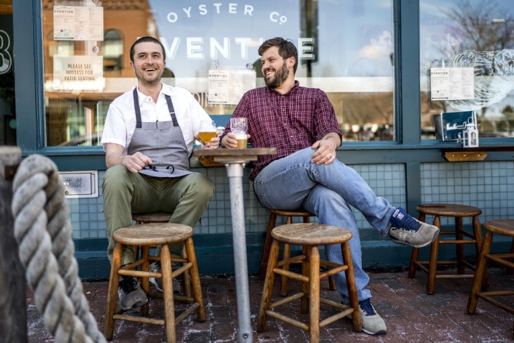 Mike Wiley and Andrew Taylor, both James Beard finalists, are photographed at Eventide Oyster Co. on Fore Street last month. 