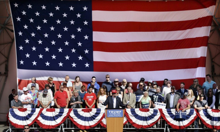 Republican presidential candidate Donald Trump speaks Saturday in Lynden, Wash.