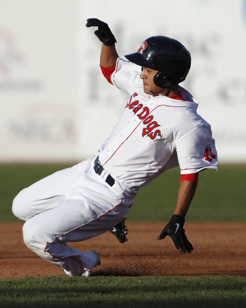 PORTLAND, ME Ð MAY 17: Portland Sea Dog's Tzu-Wei Lin slides into second during the third inning of their game Tuesday, May 17, 2016 against the New Hampshire Fisher Cats at Hadlock Field in Portland, Maine. (Photo by Joel Page/Staff Photographer)