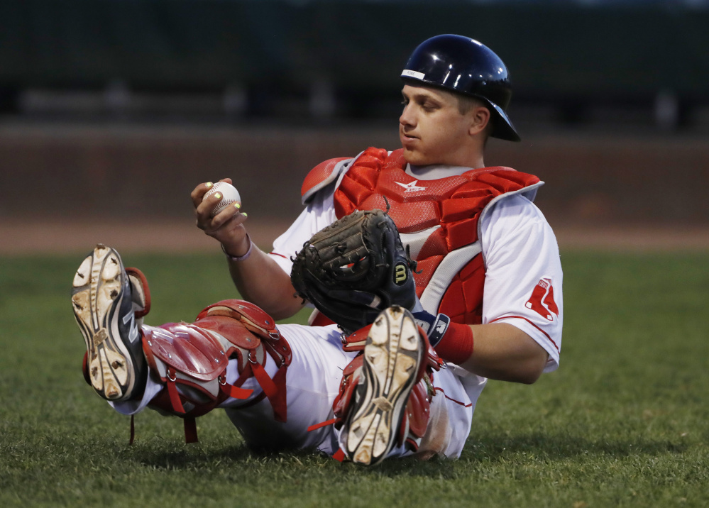 PORTLAND, ME Ð MAY 17: Portland Sea Dog's catcher Jake Romanski catches a foul ball for an out during the ninth inning of their game Tuesday, May 17, 2016 against the New Hampshire Fisher Cats at Hadlock Field in Portland, Maine. (Photo by Joel Page/Staff Photographer)