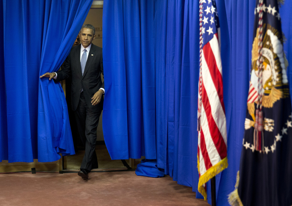 President Obama arrives for a news conference at the Shima Kanko Hotel in Shima, central Japan, Thursday after completing the third working session of the G-7 Summit.