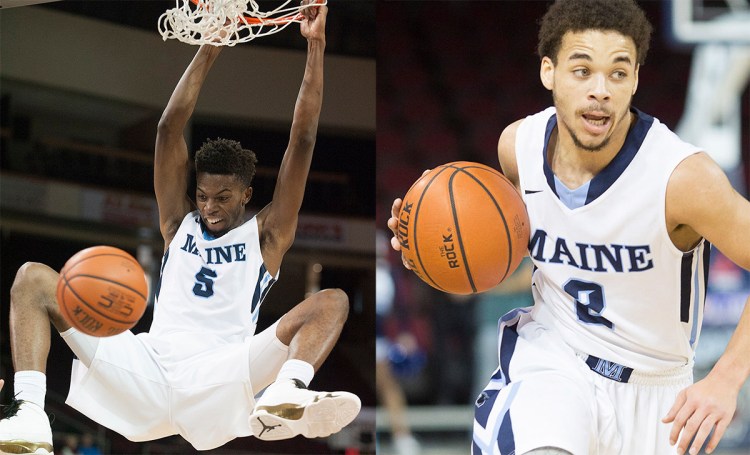 Devine Eke dunks the ball during a game against Longwood University in this January 2015 photo. UMaine won 92-82. Kevin Bennett photo

At right, Kevin Little handles the ball. Little appeared in 23 games and averaged 14.7 points per game last season. Photo courtesy University of Maine.