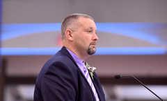 Brian Laramee, principal of Waterville Senior High School, speaks to the class of 2016 on Thursday during the class’s commencement ceremony at Colby College in Waterville. Laramee has been interim principal since November, after Don Reiter was fired, and was recently officially named principal.
