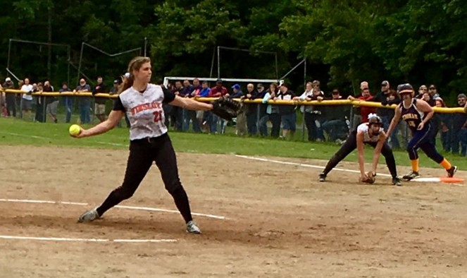 Winslow's Hillary Libby throws a pitch against Medomak Valey in a Class B North semifinal game Saturday in Winslow.