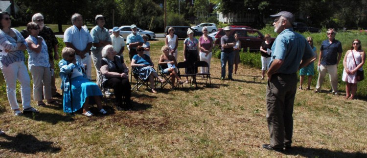 Marcus Parsons lll speaks on Sunday during the dedication of the Parsons Family Preserve along Malbons Mills Road in Skowhegan. Parsons said the land is special to the family, whose members enjoyed hiking, picking berries and observing wildlife and are happy to keep it undeveloped and open to the public.