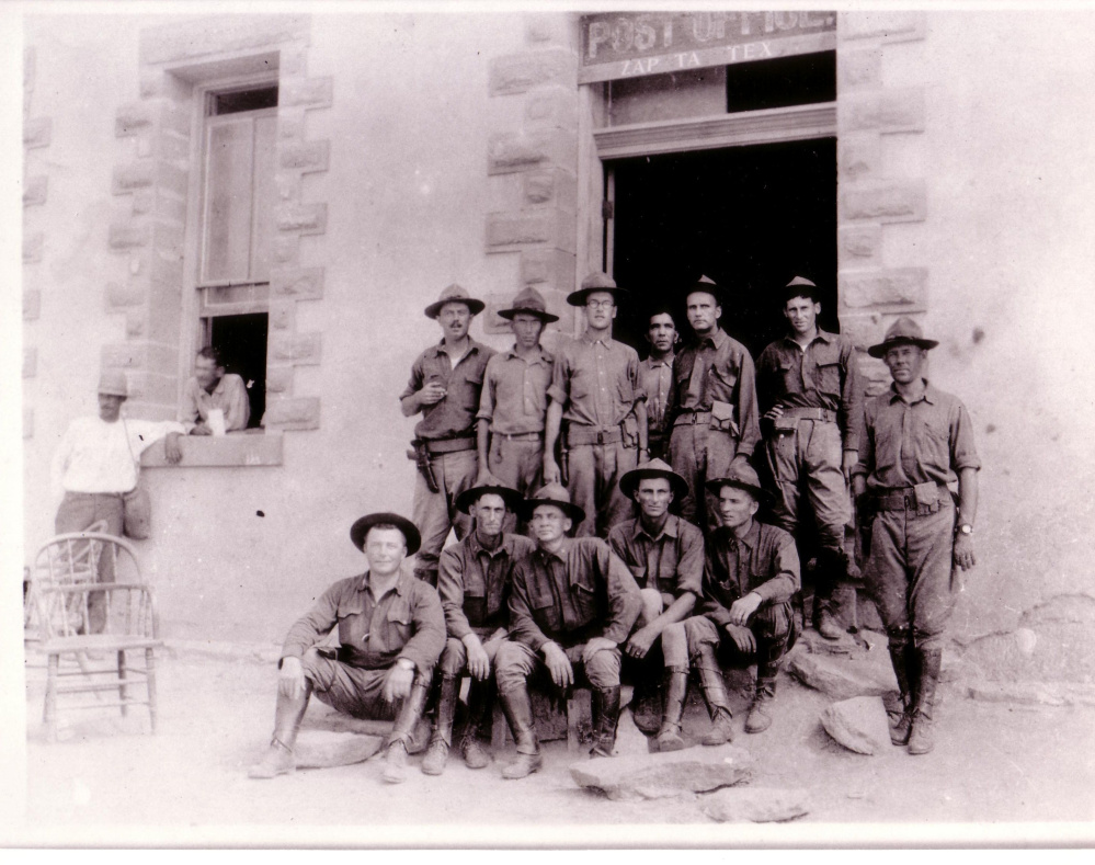 First Lt. Frederick H. Owen Jr., of Augusta, back row third from left, poses in 1916 with other Maine Army National Guard soldiers in front of the post office in Zapata, Texas, after they were summoned to duty on the Mexican border in response to a guerrilla raid on Columbus, New Mexico, that left 18 Americans dead.
