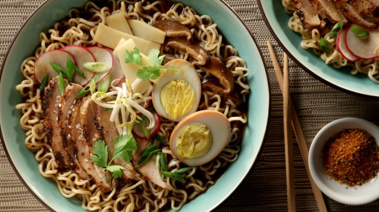 Grilled shichimi togarashi-flavored chicken and soy-wasabi hard-cooked eggs bolster homemade ramen.