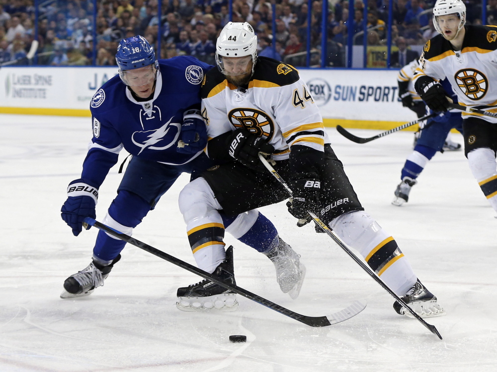 Boston defenseman Dennis Seidenberg, shown in a March 2015 game battling Tampa Bay's Ondrej Palat, was let go by the Bruins on Thursday.