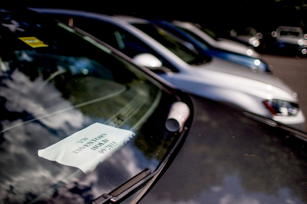 A sign in the windshield of a diesel Volkswagen at Morong Falmouth on Thursday indicates that the vehicle, along with 44 others, cannot be sold because of the ongoing settlement over the automaker's emissions scandal.