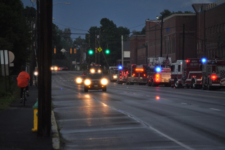 The Waterville Fire Department responds to a machinery fire Wednesday night at Huhtmaki on College Avenue. The fire at the paper products manufacturer was quickly extinguished, a Waterville fire official said.