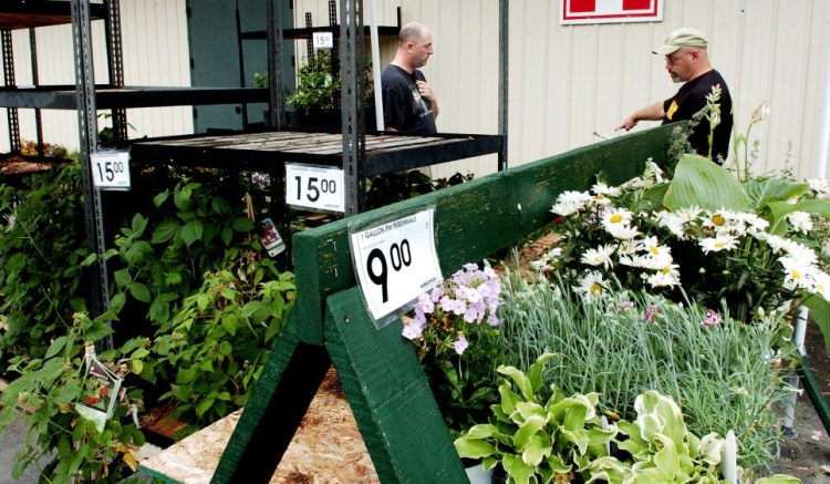 Ryan Lamb, left, regional director of sales and operations of the Aubuchon Hardware company, speaks on Thursday with Joe Maygo about relocating live-plant inventory from the Skowhegan store, which closed Wednesday.