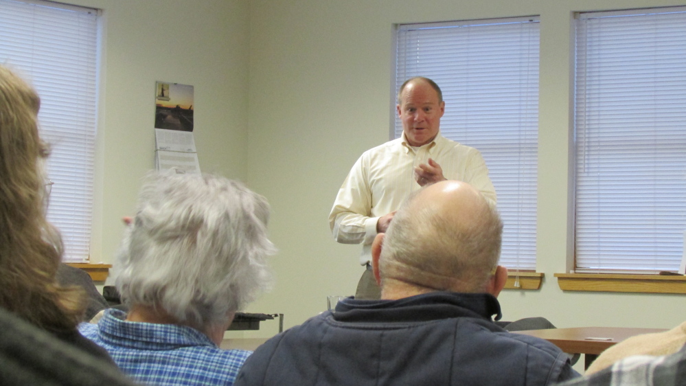 Engineer Richard Green, of Hoyle, Tanner and Associates in Winthrop, answers questions at a public hearing on the proposed sewer connection between Vassalboro and Winslow in 2015. The sanitary district said this week it's moving ahead on the plans.