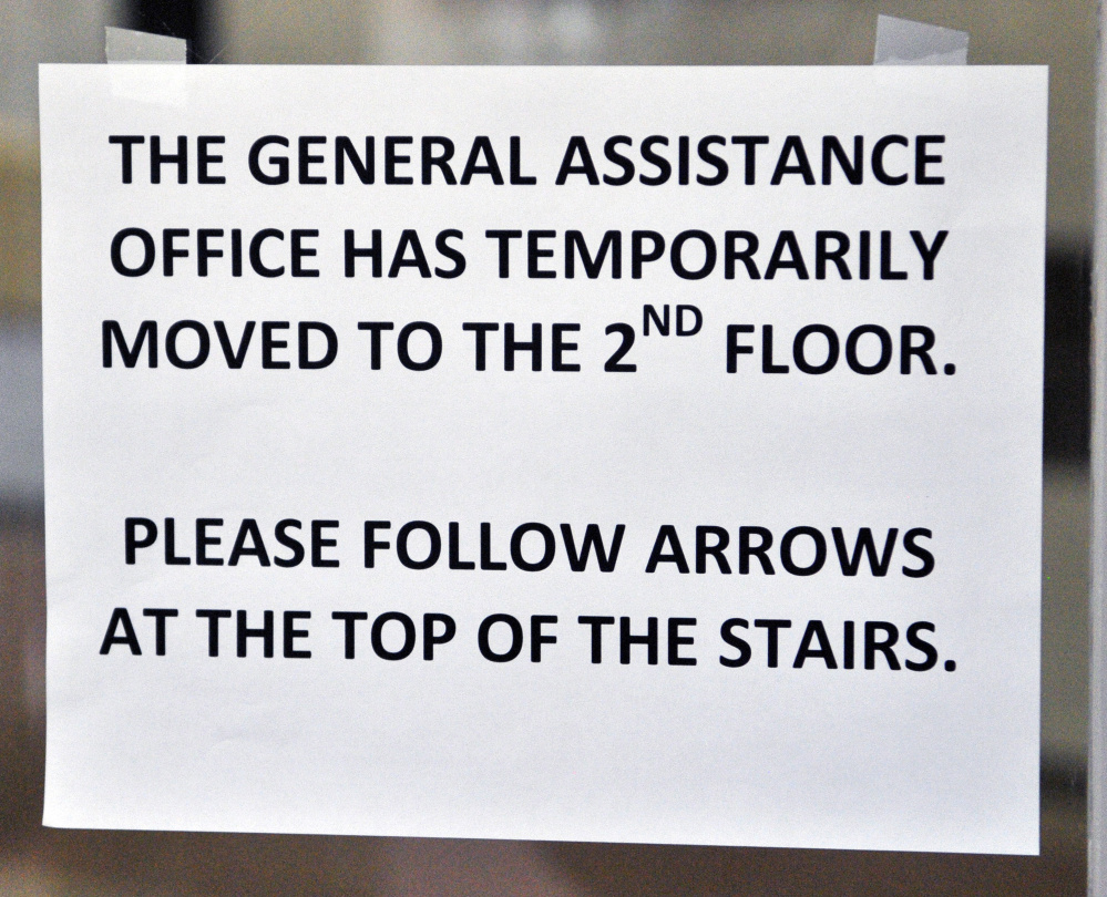 A sign directs visitors to Augusta City Center to the temporary location of the General Assistance office, which was moved Monday to allow for the eradication of bedbugs.
