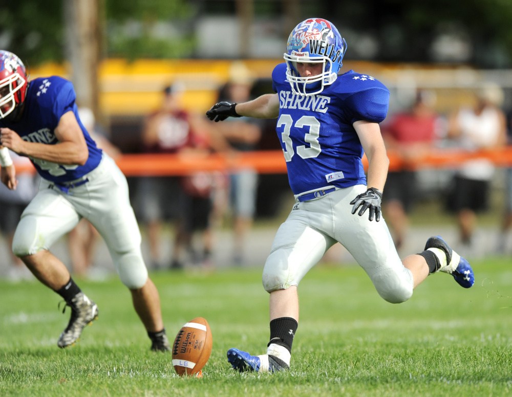 West kicker Roderick Maynard, of Sacopee Valley, kicks off to start the second half of the annual Maine Shrine Lobster Bowl on Saturday in Biddeford.