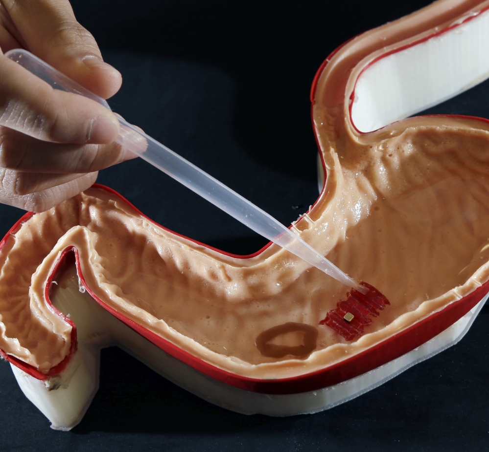 Under development at MIT, a tiny, ingestible "origami robot" floats toward a "wound" in a stomach model in Cambridge, Mass.