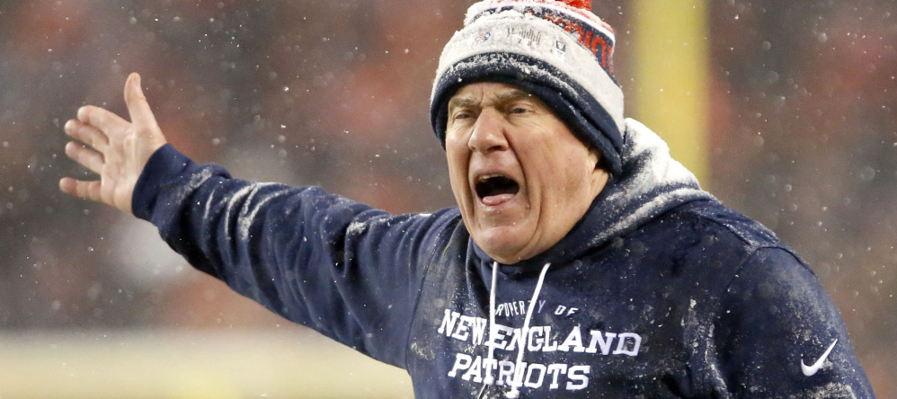 New England Patriots head coach Bill Belichick yells to the officials during an NFL game against the Denver Broncos, in Denver. Denver and New England will play in the AFC Championship game Sunday, Jan. 24, 2016, in Denver. (AP Photo/Joe Mahoney, File)