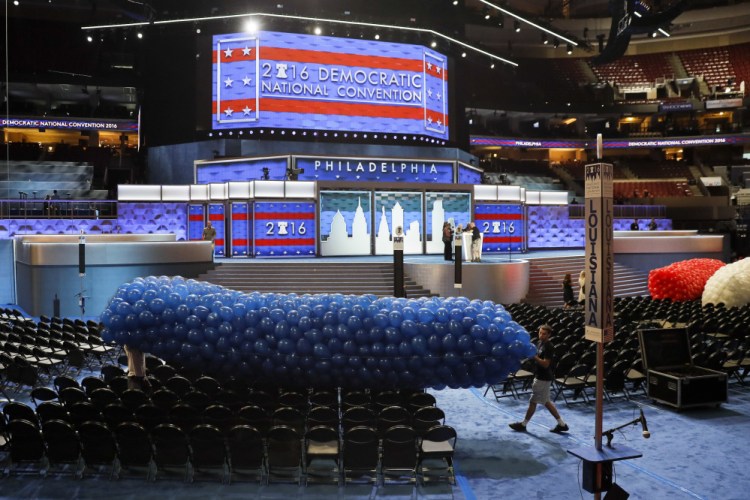 Workers prepare a mass of balloons for the 2016 Democratic National Convention on Friday, July 22, 2016, in Philadelphia. (AP Photo/Matt Slocum)