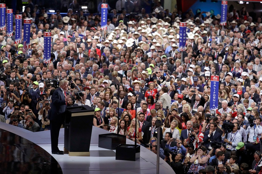 Donald Trump addresses the crowd of delegates Thursday night at the Republican National Convention in Cleveland.