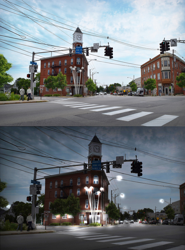 Preliminary concept #2 for a streetlight sculpture at Woodfords Corner.