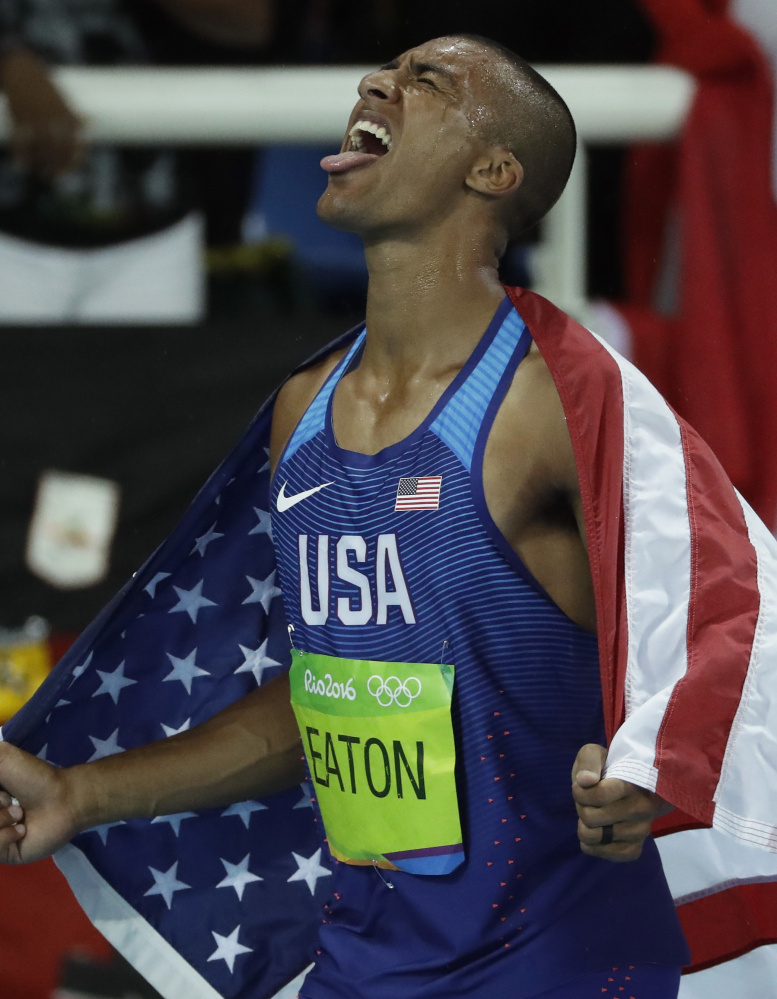 Ashton Eaton of the United States celebrates after winning his second straight Olympic decathlon. He also has two straight world titles.