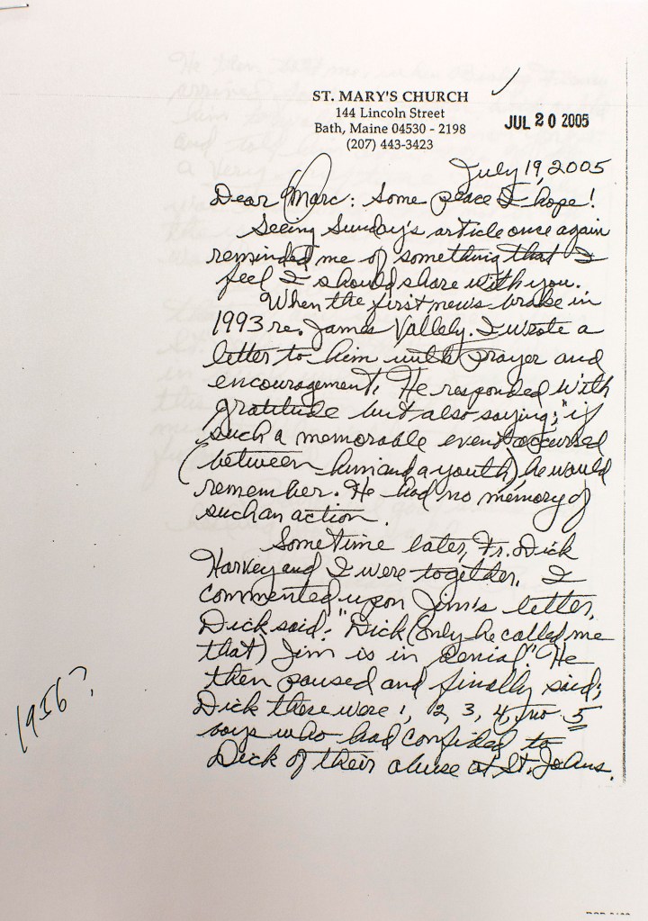 This letter led to the $1.2 million settlement with the Diocese of Portland and six sexual abuse victims of Fr. James Vallely. 