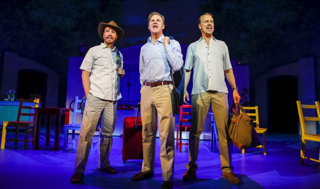 Aaron Galligan-Stierle as Bill Austin, Peter Simon Hilton as Harry Bright and Ian Knauer as Sam Carmichael in "Mamma Mia!" (Ben McCanna/Staff Photographer)