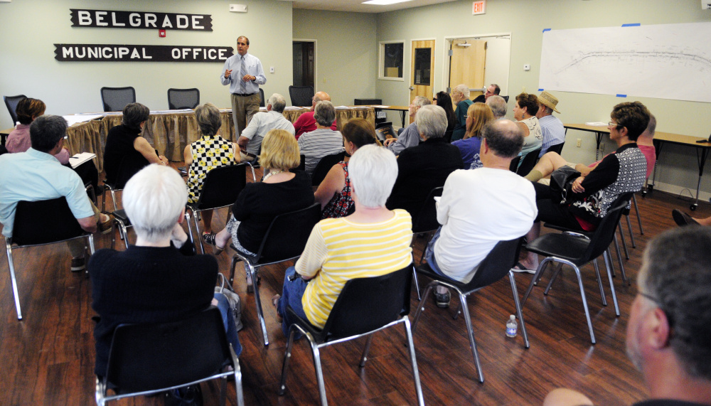Ernest Martin, Maine Department of Transportation project manager, talks about Route 27 reconstruction during a meeting on Tuesday in Belgrade.