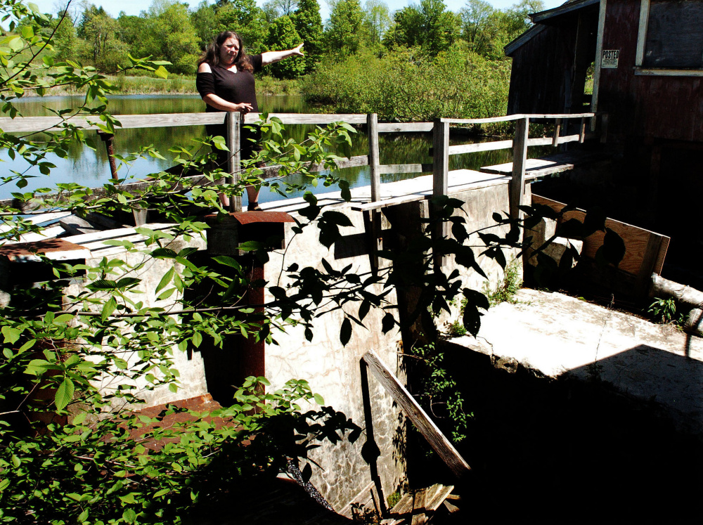 Vassalboro resident Larisa Batchelder stands on top of the Masse Dam in May near her home on Outlet Stream in Vassalboro. Batcheleder opposes the proposed removal of the dam and nearby Lombard Dam to allow alewives to move upstream.