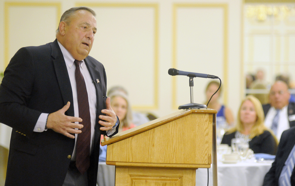 Gov. Paul LePage addresses members of the Kennebec Valley Chamber of Commerce on Wednesday in Augusta.