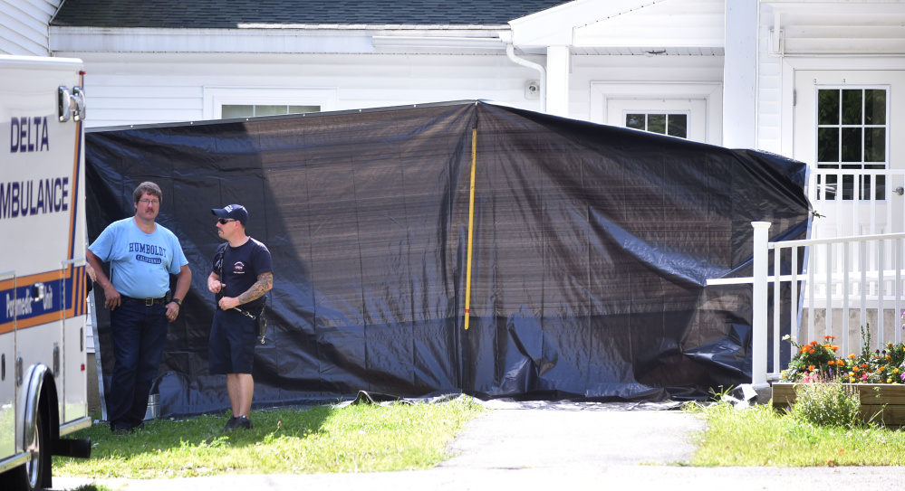 Waterville firefighters and other emergency personnel respond to a report of a chemical spill Thursday at a multi-family apartment building at 270 Main St. in Waterville. The call turned out to be over-use of a bug repellent containing diatomaceous earth.