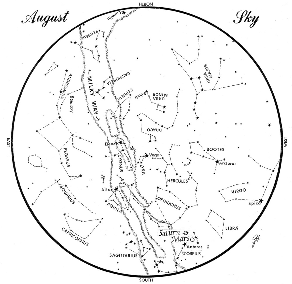 SKY GUIDE: This chart represents the sky as it appears over Maine during August. The stars are shown as they appear at 10:30 p.m. early in the month, at 9:30 p.m. at midmonth and at 8:30 p.m. at month's end. Mars and Saturn are shown in their midmonth positions. To use the map, hold it vertically and turn it so that the direction you are facing is at the bottom.