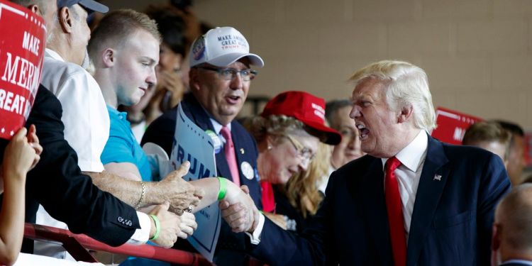 Republican presidential candidate Donald Trump works the crowd during a campaign rally at Cumberland Valley High School, Monday  in Mechanicsburg, Pa. Evan Vucci/Associated Press