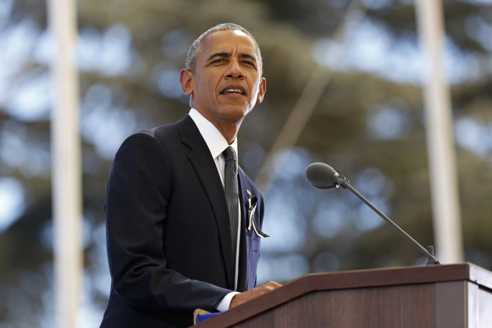 U.S. President Barack Obama delivers his eulogy of former Israeli President Shimon Peres during his funeral, at Mt. Herzl Military Cemetery in Jerusalem, Israel, Friday, Sept. 30, 2016.