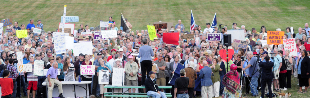 Anti-bullying activist Betsy Sweet stands on a picnic table giving a speech during a rally  on Tuesday August 30, 2016 in Capital Park in Augusta.