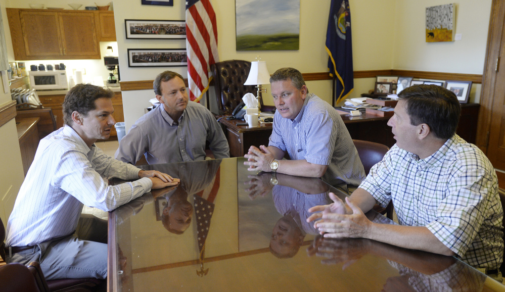 House Republican Leader Ken Fredette, right, derailed efforts by Senate Minority Leader Justin Alfond, left, House Speaker Mark Eves and Senate President Michael Thibodeau to address Gov. LePage's recent behavior.