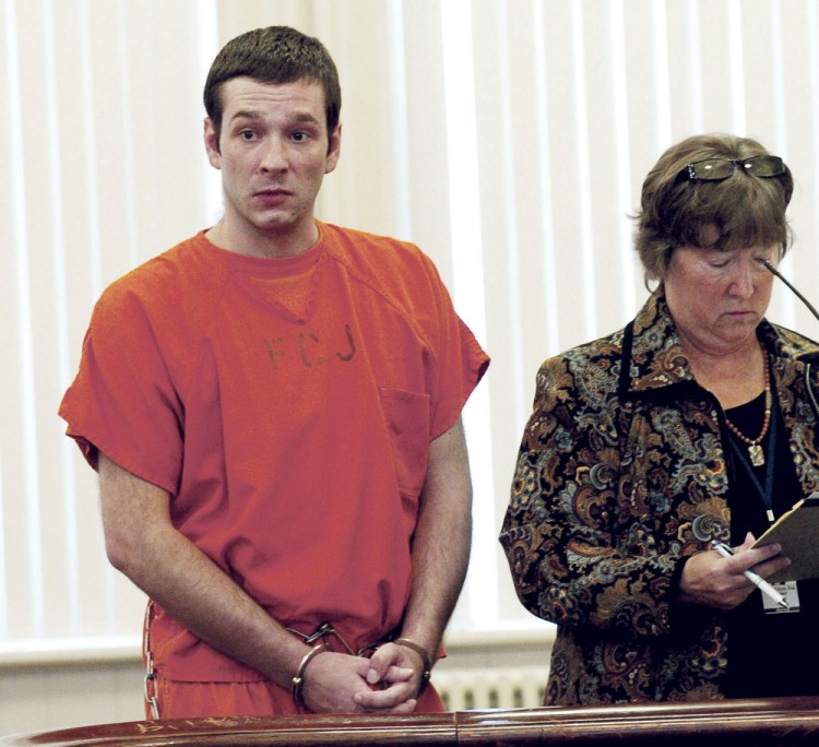 Timothy Danforth, charged with murder in connection with a fatal shooting in Wilton, listens to proceedings during a bail hearing Wednesday in Franklin County Superior Court in Farmington. At right is defense attorney Sarah Glynn.