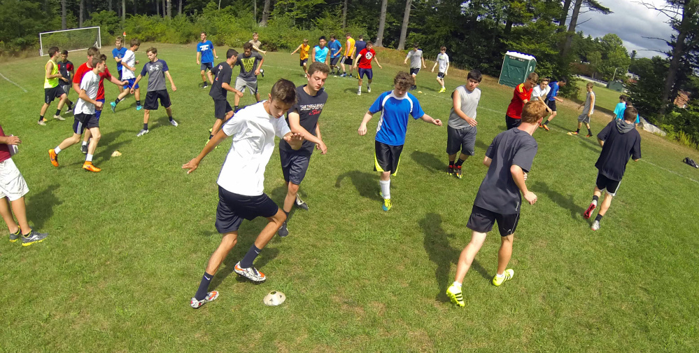 The Hall-Dale boys soccer team does drills during practice earlier in the preseason in Farmingdale. The Bulldogs lost several key players to graduation, but they should be in the thick of the Mountain Valley Conference title race this fall.