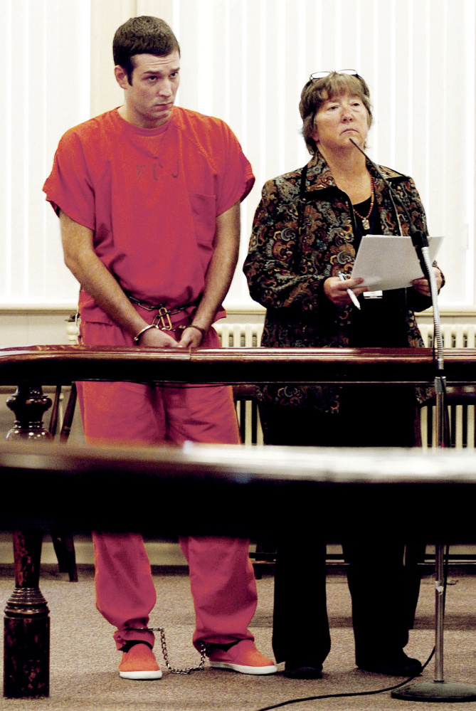 Timothy Danforth, charged with murder in connection with a fatal shooting in Wilton, listens to proceedings during a bail hearing Wednesday in Franklin County Superior Court in Farmington. At right is defense attorney Sarah Glynn.