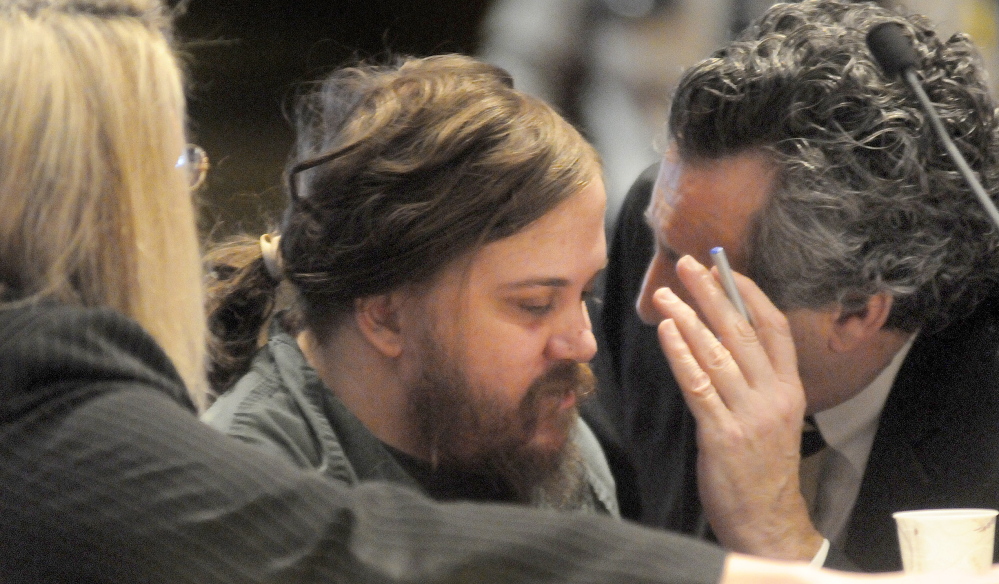 Eric Bard speaks to his attorneys, Gina Yamartino, left, and Ronald Bourget, during a hearing on Jan. 5, 2015, at the Capital Judicial Center in Augusta.