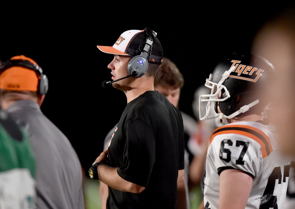 Jordan Hersom, an assistant coach at Gardiner, watches the action during a Pine Tree Conference Class B game last Friday against Skowhegan.