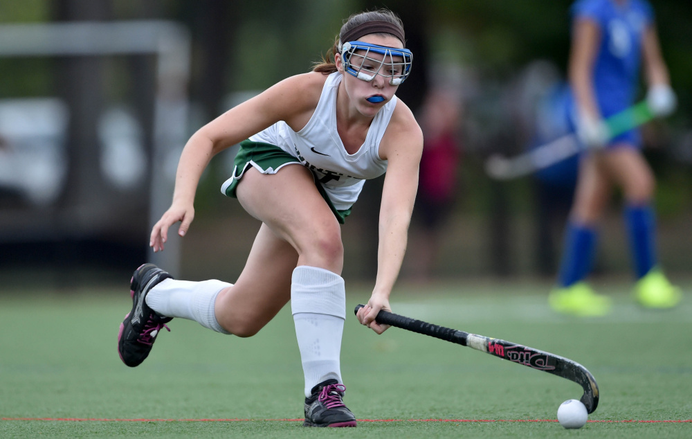 Winthrop sophomore Moriah Hajduk looks to gain control of the ball during a Mountain Valley Conference game against Oak Hill on Wednesday at Thomas College in Waterville.
