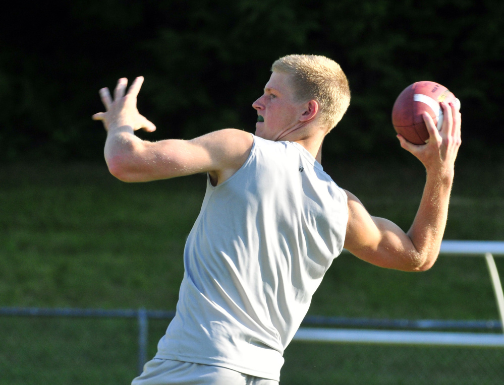 Wintrop/Monmouth quarterback Matt Ingram winds up to pass during a seven-on-seven tournament game earlier this summer at Leavitt High School in Turner. Ingram and the Ramblers are 2-0 and will host Dirigo on Friday night.